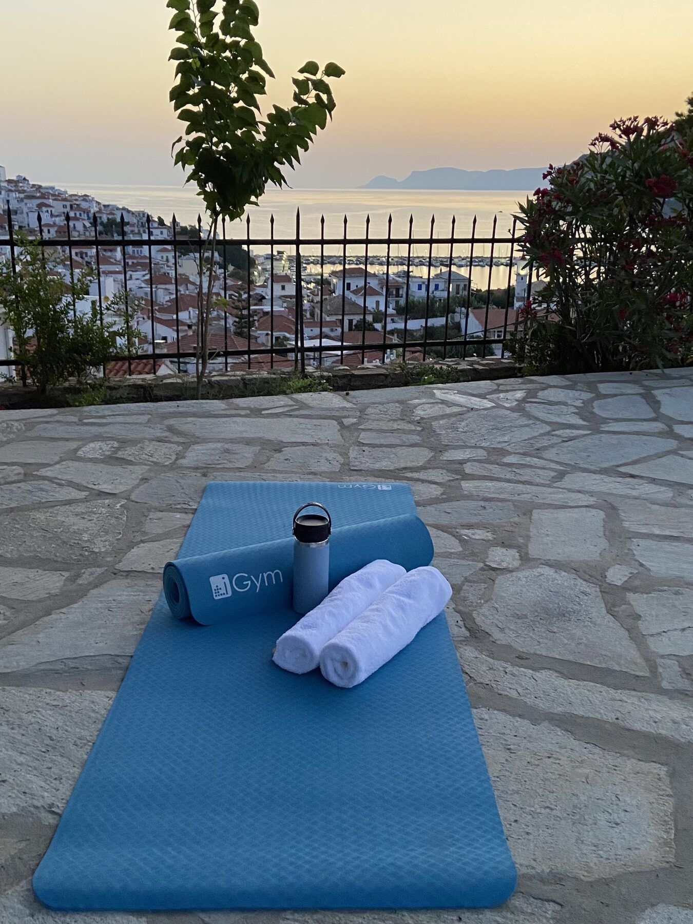 Sunrise over Skopelos Town and its harbour, seen from the terrace at Villa Icelle